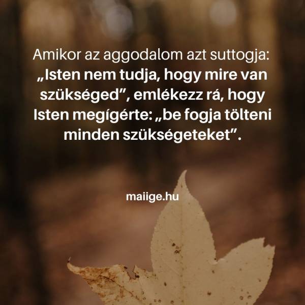 Amikor az aggodalom azt suttogja: „Isten nem tudja, hogy mire van szükséged”, emlékezz rá, hogy Isten megígérte: „be fogja tölteni minden szükségeteket”.