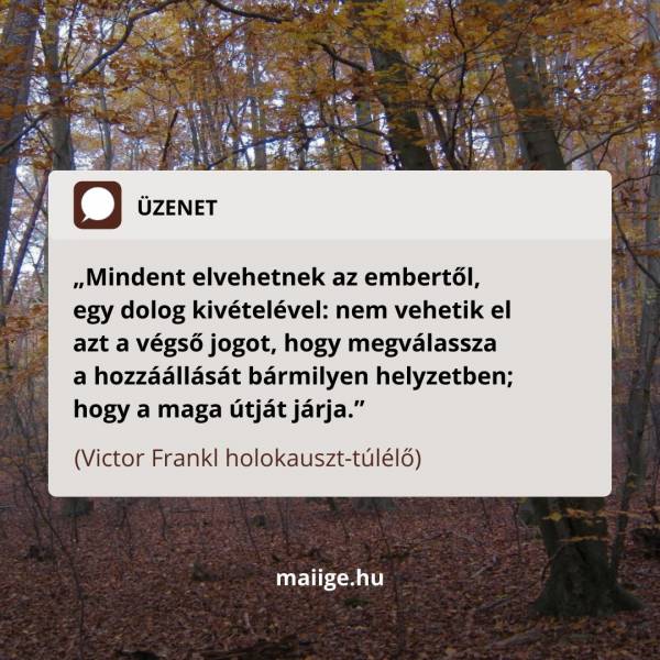 „Mindent elvehetnek az embertől, egy dolog kivételével: nem vehetik el azt a végső jogot, hogy megválassza a hozzáállását bármilyen helyzetben; hogy a maga útját járja.” (Victor Frankl holokauszt-túlélő)
